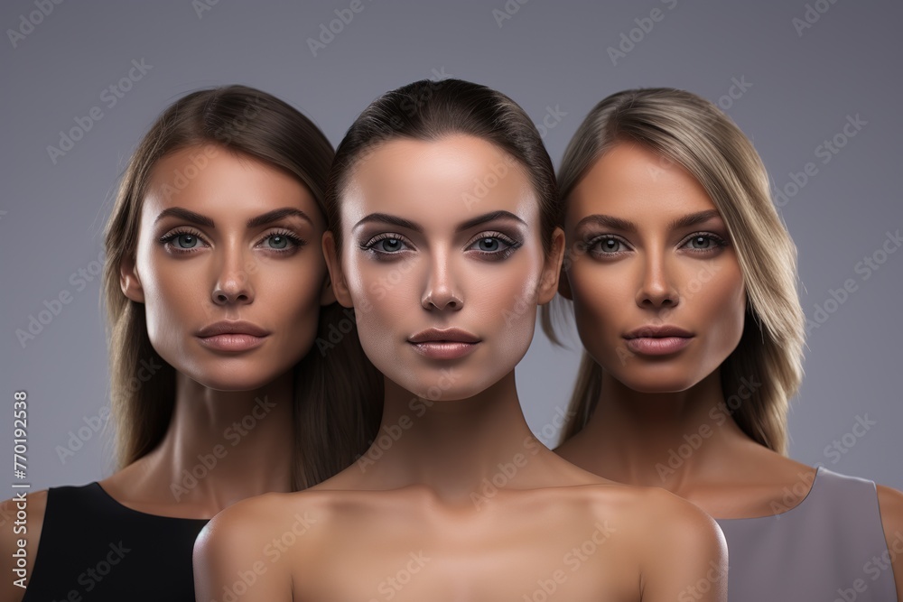 Three beautiful women with makeup and hairstyle posing in studio, Ai Generated