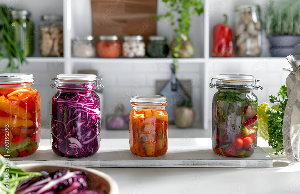 Glass jars with homemade canned vegetables. The concept of home conservation. Close-up of glass jars with pickled vegetables. Glass jars with homemade canned vegetables. The concept of home conservation. Close-up of glass jars with pickled vegetables.