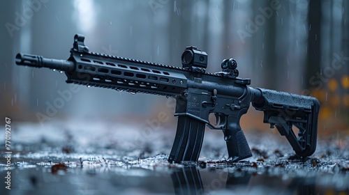 sleek contours of a state-of-the-art assault rifle, its matte black finish catching the light in a display of modern engineering. 