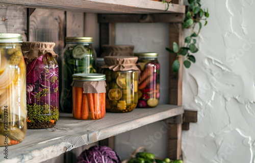 Glass jars with homemade canned vegetables. The concept of home conservation. Close-up of glass jars with pickled vegetables.