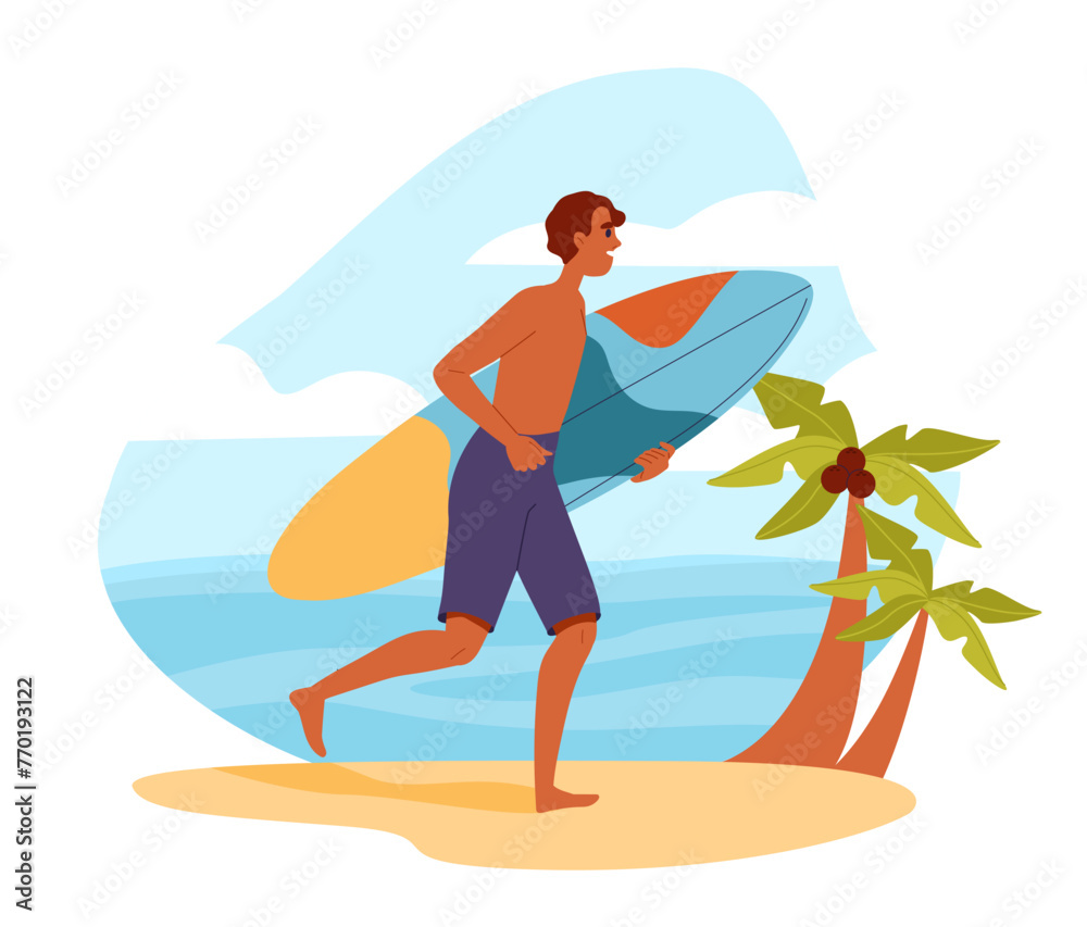 Man on beach with surfboard. Young guy surfer at vacation in tropical and exotic countries. Activelifestyle and extreme sports. Cartoon flat vector illustration isolated on white background Man on beach with surfboard. Young guy surfer at vacation in tropical and exotic countries. Activelifestyle and extreme sports. Cartoon flat vector illustration isolated on white background