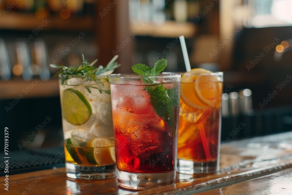 Assorted refreshing cocktails on wooden bar - Vibrant image of various refreshing cocktails with garnishes on a bar, symbolizing leisure and celebration Assorted refreshing cocktails on wooden bar - Vibrant image of various refreshing cocktails with garnishes on a bar, symbolizing leisure and celebration