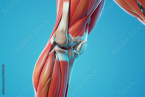 Anatomical illustration of leg muscles with pain zones in red, contrasting blue background, precise detail. photo