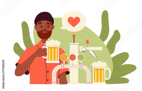 Man likes beer concept. Young guy with alcoholic drinks and brewery. Bar and pub. Avertising and marketing. Character with oktoberfest. Cartoon flat vector illustration isolated on white background