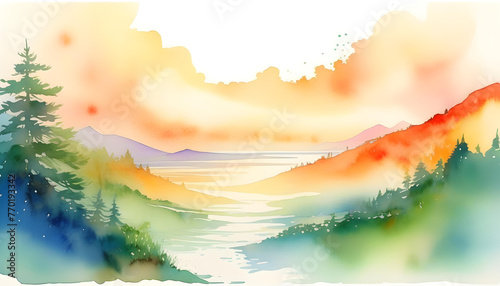 A watercolor painting of a sunrise over mountains and a lake