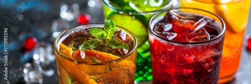 Assortment of multicolored iced cocktails - Collection of diverse colorful cocktails with mint leaves, presented on a blurred bar background