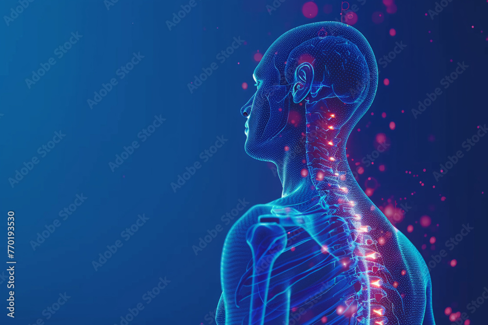 Human posture graphic with neck and head highlighted, serene blue setting