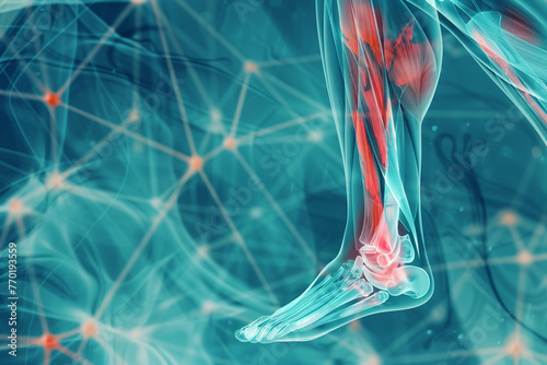 Graphic of a human calf muscle, red indicates pain areas, on a calming blue abstract background.