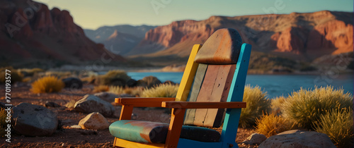 A single brightly painted Adirondack chair faces a serene desert landscape under a clear sky, conveying a sense of solitude and contemplation