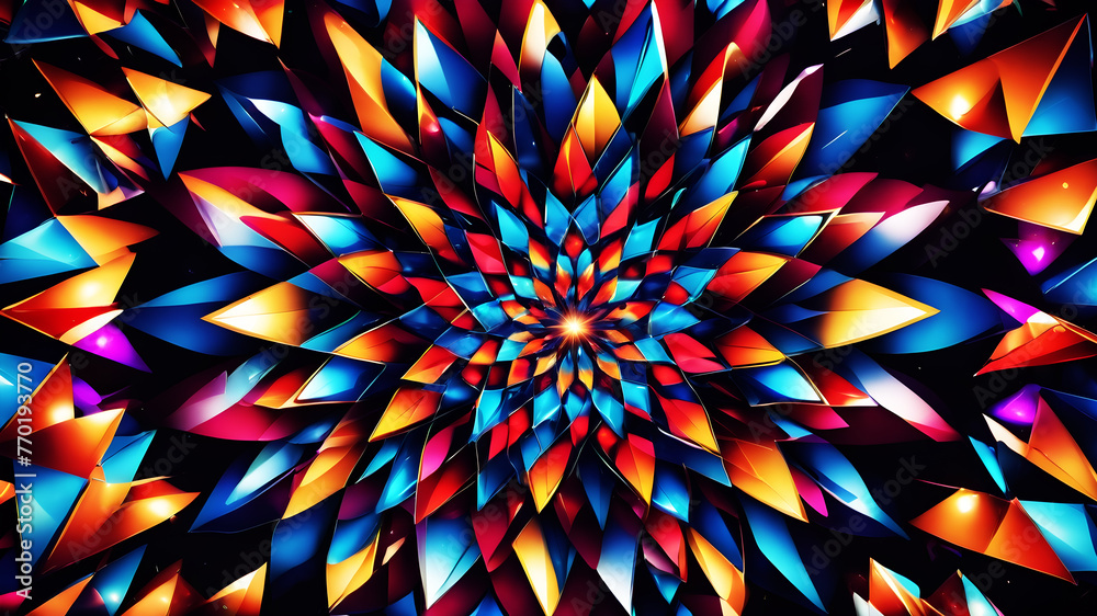Construct an abstract background featuring a kaleidoscopic arrangement of colorful triangles Construct an abstract background featuring a kaleidoscopic arrangement of colorful triangles