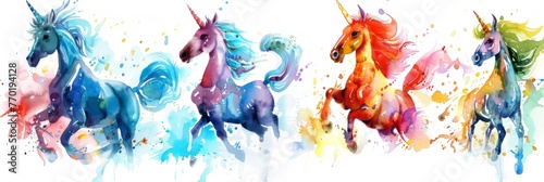 Colorful watercolor unicorns with splashes - A series of four vibrant unicorns painted in watercolor with splashes symbolizing freedom and creativity