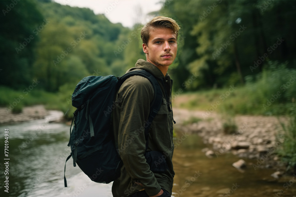 young adult man or teenage boy hikes along a river in nature with a river and trees, green beautiful nature and environment, fictional place young adult man or teenage boy hikes along a river in nature with a river and trees, green beautiful nature and environment, fictional place