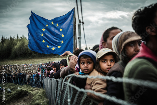 abstract fictional people at a high fence, at a fictional european border or border crossing to Europe, refugees or immigrants standing in an endless queue or row along the fence photo