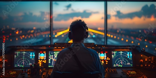 Air traffic controllers monitoring digital navigation screens in a control tower with a blurred runway backdrop. Concept Airport Operations, Air Traffic Control, Navigation Systems, Control Tower photo