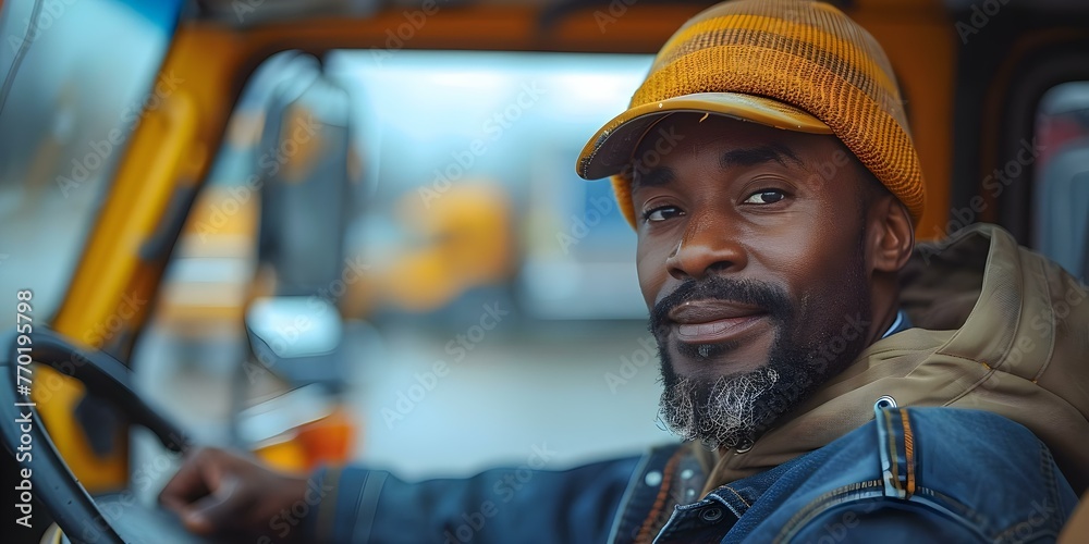 An African man operating a cargo truck at a logistics center, prepared for transportation and delivery. Concept Transportation Industry, Logistics Operations, Cargo Truck Driver, African Man