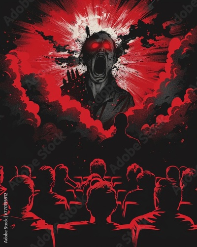 A thrilling shirt design featuring an excited audience watching a horror film, with eerie shadows and cinematic elements