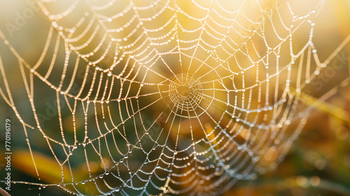 Ultra close-up of dew on spider web, morning light, nature's beauty, probe lens, intricate pattern detail.