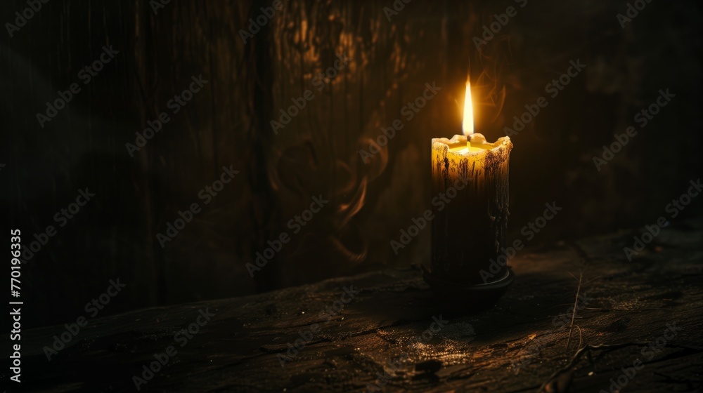 Burning candle on dark background. Day of Remembrance. Witchcraft. Black magic ritual