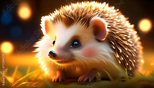 Closeup of a hedgehog with a golden glow surrounded by snowflakes in a dark background