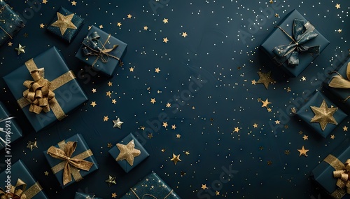 happy birthday dark blue background wallpaper with blue and black giftboxes closed with different colored ribbons with golden stars and glitter spread on the sheet  © usman