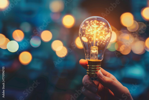 Hand holding a vibrant incandescent lightbulb - A vivid image portraying a hand lifting a glowing incandescent bulb against a bokeh light background, evoking warmth