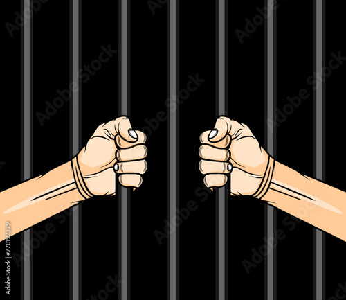 inside the prison hand holding the iron bars vector illustration