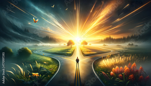 A person at a crossroads on a picturesque path with shooting stars above at sunrise.
