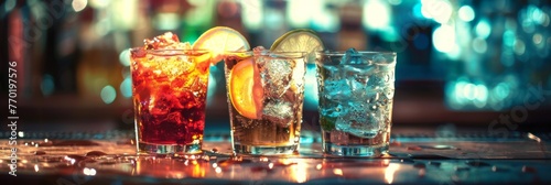 Three drinks on bar counter with bokeh lights - Captivating scene of colorful mixed drinks on a bar with glittering bokeh lights in the background