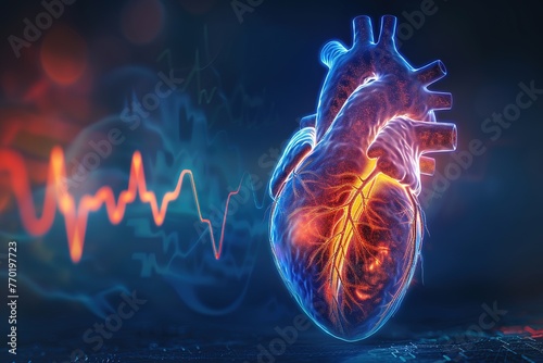 Human heart with cardiogram on dark background, 3d illustration, Ai Generated
