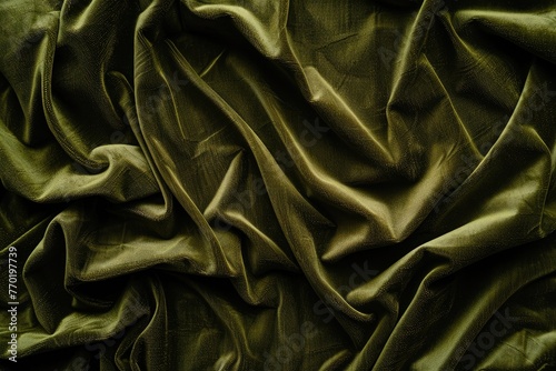 plain olive green velvet silk and fabric background high resolution highly detailed with lines and creases and a wavy pattern