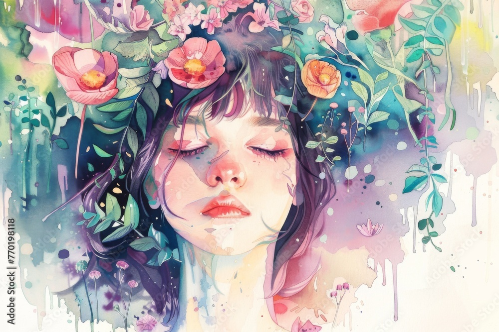 Watercolor painting of a woman surrounded by flowers - A serene watercolor painting of a woman's face enveloped by a bloom of vibrant flowers