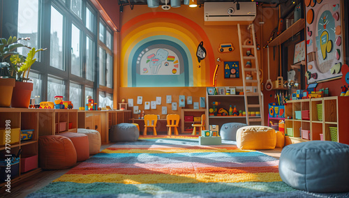 A bright and colorful playroom with wooden shelves filled with toys, a large floor cushion in the center on which is an artistic rug depicting various shapes like circles or squares. Created with Ai