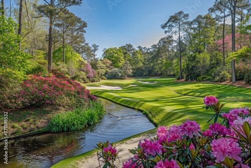 a beautiful park with green natural grassy field and big green trees with a lake underflowing the field with red and pink roses in the garden during sunshine in the morning