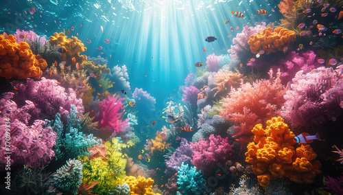 A vibrant coral reef teeming with colorful marine life, sunlight filtering through the water creating an enchanting underwater scene. Created with Ai