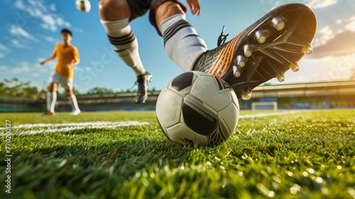 A closeup of a soccer players foot connecting with the ball perfectly exeing a curved shot. © Justlight