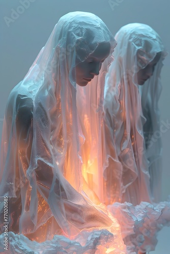 Ethereal Cloaked Figures Performing Mystical Rites Bathed in Moonstone Light and Arctic Sunrise Hues
