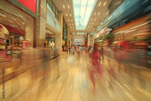 busy shopping center with people's movements blurred