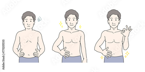 若い男性のお腹周りの悩み、胴体・メタボに関するイメージイラスト