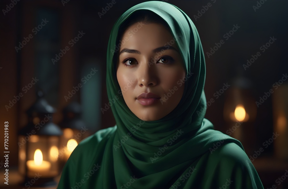 hyper realistic cinematography of a asian beautiful woman wearing green draped in hijab, ramadan kareem scene view, illuminated by a single light. hyper realistic cinematography of a asian beautiful woman wearing green draped in hijab, ramadan kareem scene view, illuminated by a single light.