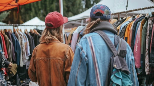 Two friends in matching baseball caps laugh and chat as they rummage through a pile of vintage clothing at one of the markets vendor . .