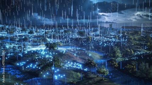 Rain falls from the dark sky during a night scene, creating a sense of movement and atmosphere.