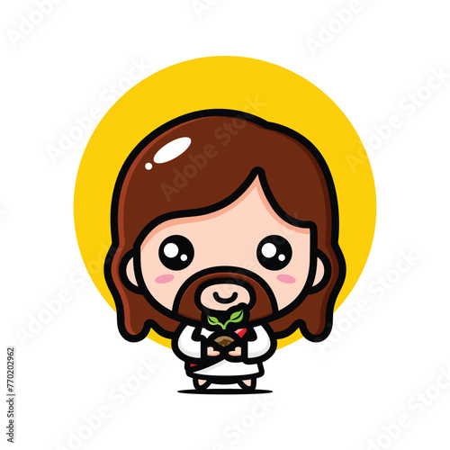 cute jesus holding a growing plant