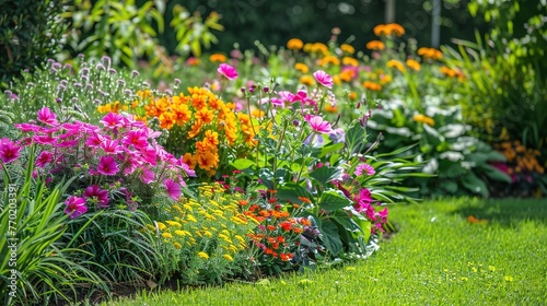 Lush flower beds in the summer garden a bright sunny day Colorful Garden Flower Bed and Grass Lawn 