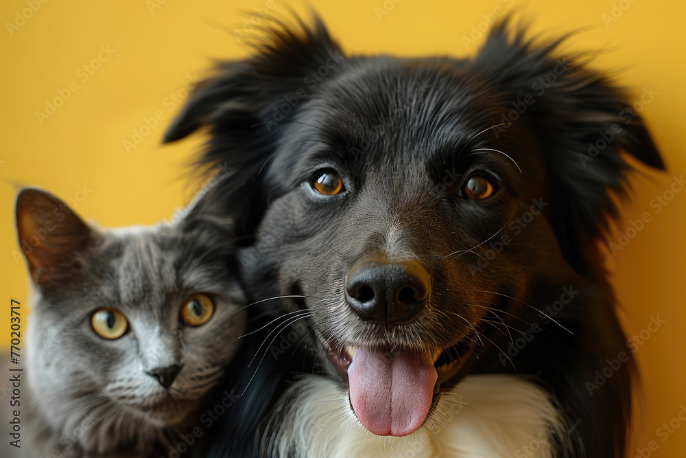 A black border collie dog and gray cat, with happy expressions, in a cute pet photography shot. Created with Ai