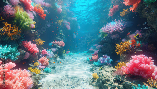 A vibrant coral reef teeming with colorful marine life, sunlight filtering through the water creating a mesmerizing underwater scene. Created with Ai