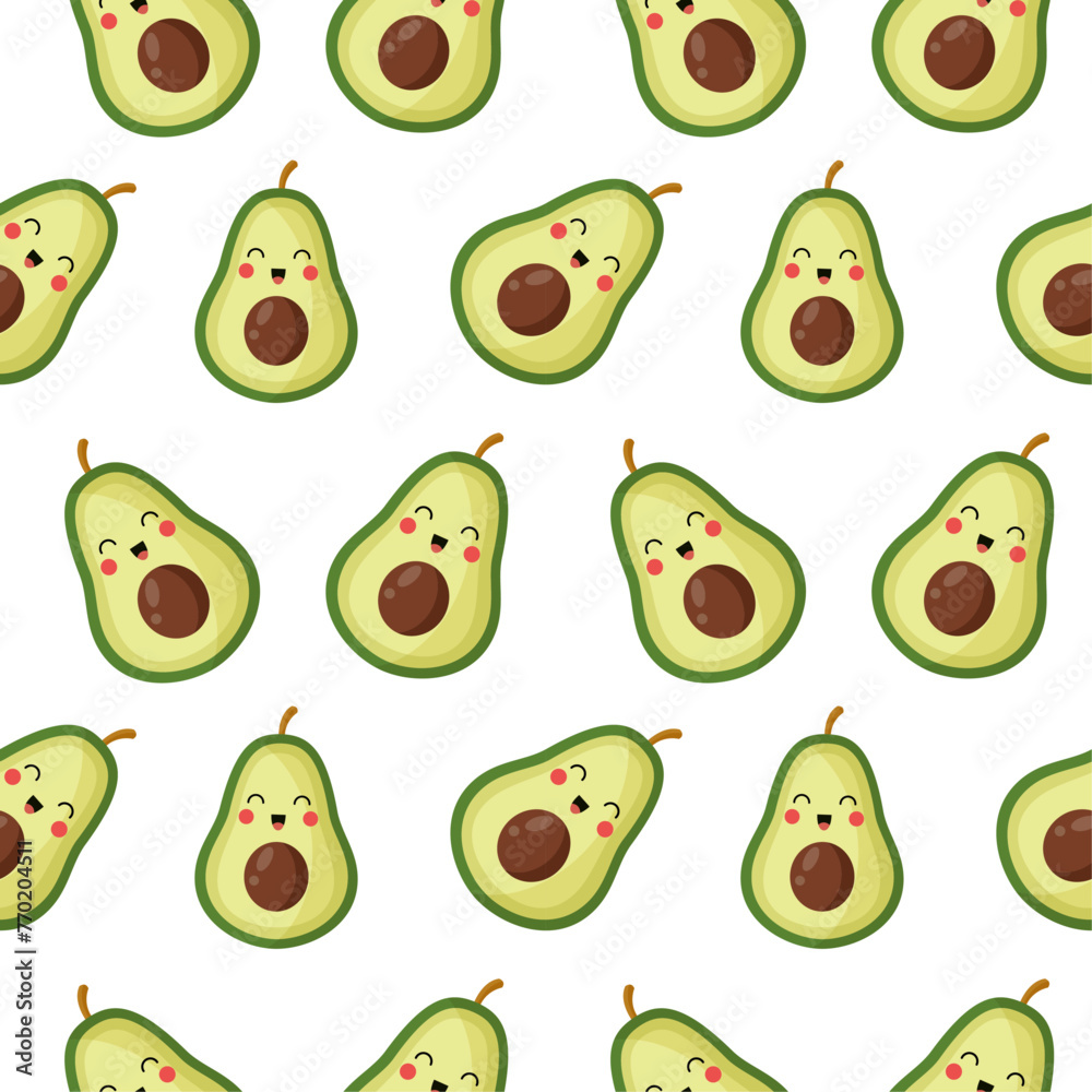 Seamless pattern whole and sliced avocado on bright green background, Vector illustration.
