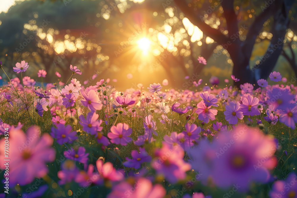 A field of pink and purple cosmos flowers in full bloom, with the sun setting behind them, creating a warm glow over their petals. Createdd with Ai