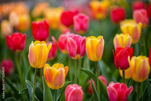Colorful tulips in sunlight with blurred background  vibrant spring flowers