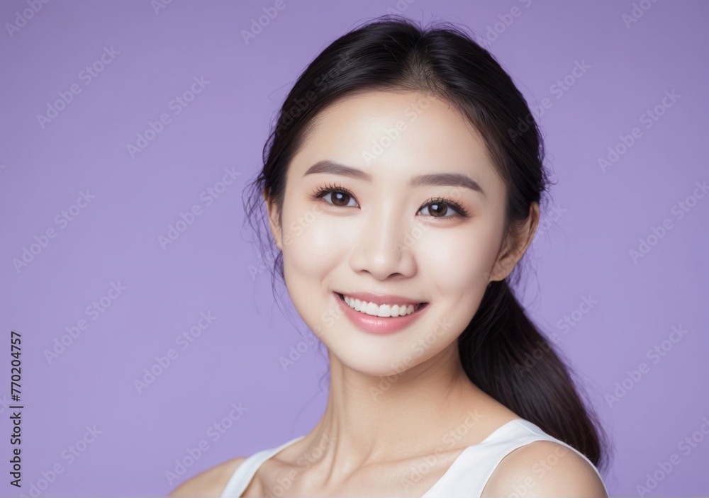 Portrait of a young Asian female model with a natural smile wearing white attire with a background featuring copy space Portrait of a young Asian female model with a natural smile wearing white attire with a background featuring copy space