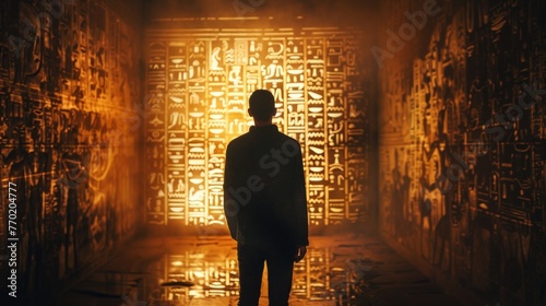 The silhouette of a person stands tall against the backdrop of a mysterious structure attention focused on the cryptic hieroglyphics . .